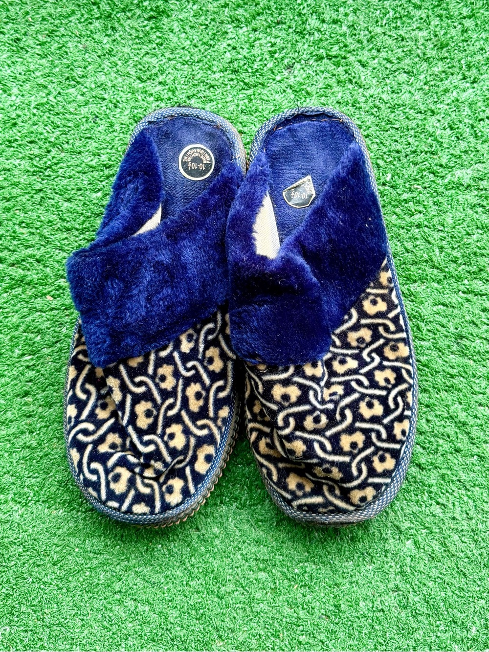 Blue Faux Fur Trim Geometric Pattern Indoor House Slippers Women's US 10-10.5